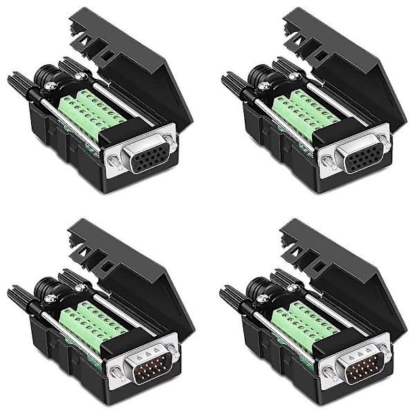 4-pakker VGA DB15 3-raders loddefrie hann/hunn hurtigkoblinger, 3+9 D-SUB 15-pins portterminaler