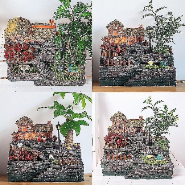 Miniatyr Resin Hus Plantepot Sæt Sukkulenter Blomst Pot Mikro Landskab Dekorationer