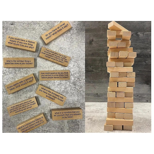 54 stykker spørgsmål Tumbling Tower Game, Giant Wood Stacking Game med resultattavle, Ice Breaker Spørgsmål Tumling