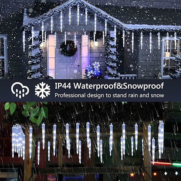 Julelyskjeder med istapper til utendørs bruk, 13 fot/4 m 90 LED-istapplys med 16 istapper, 8 moduser koblingsbare julelys med strømforsyning for utendørs takskjegg Xm