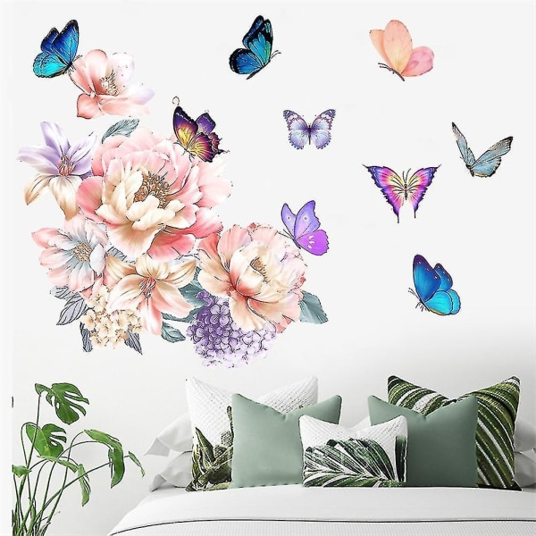 Wabjtam 1 Set suuri kukkaperhoset seinätarrat, vaaleanpunainen pioni Värikkäät perhoset seinätarrat Irrotettava seinätarra taide makuuhuoneeseen olohuoneeseen, sairaanhoitaja