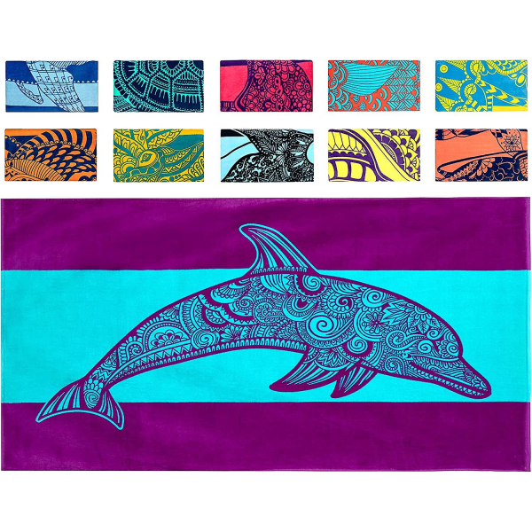 Dolphin strandhandduk tropiska blå & lila färger med en unik design, extra stora, Xl, poolhanddukar (34x 63) gjorda av 100 % bomull