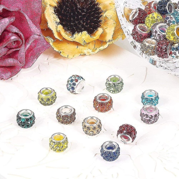 Gör-det-själv Rhinestone Glas European Beads Polymer Clay Stort Hål Slide Crystal Charms Med Silver Tone Mässingskärnor Blandad Färg Spacer Beads Passar till Europ