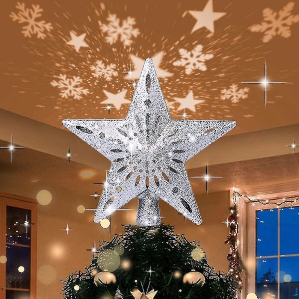 Juletrestjerne, 4m usb julestjerne lys opp med LED Snowflake projektorlampe, 2 i 1 roterende juletrestjerne kompatibel juledekor