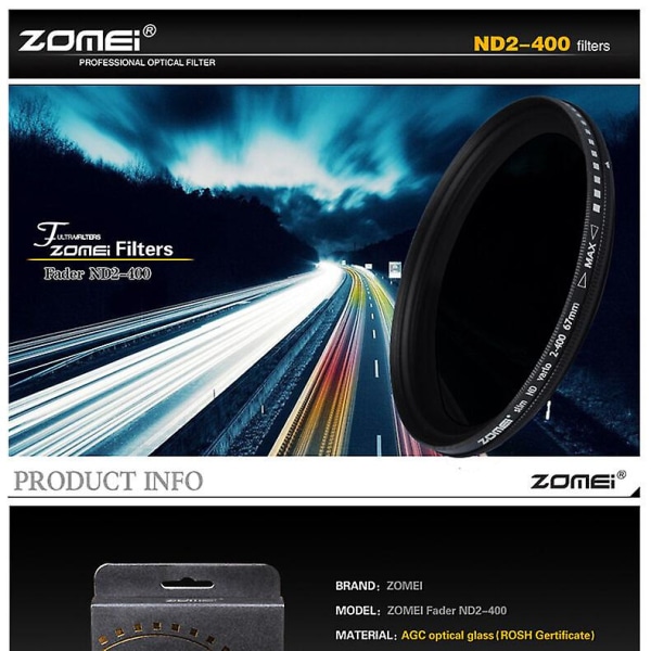Zomei 52/55/58/62/67/72/77/82 mm justerbart nøytral densitet faderfilter Nd2-400