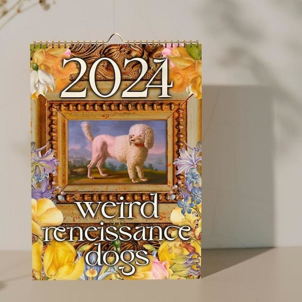 2024-kalender, underlige middelalderhunde-kalender 2024, sjove hunde-vægkalender, eklektisk æstetiske hunde-kalender, sjov gave til hundeelskere