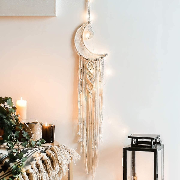 Bohemian Macrame Vægophæng Med Led Lys, Bomuldsstrikket Dreamcatcher Måne Vægophæng