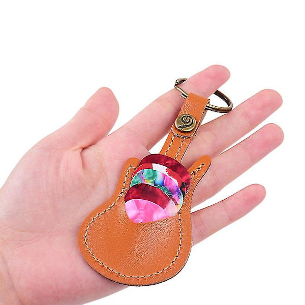 Læder plekterholder etui taske guitar form med nøglering 5stk celluloid plektre strengeinstrument tilbehør