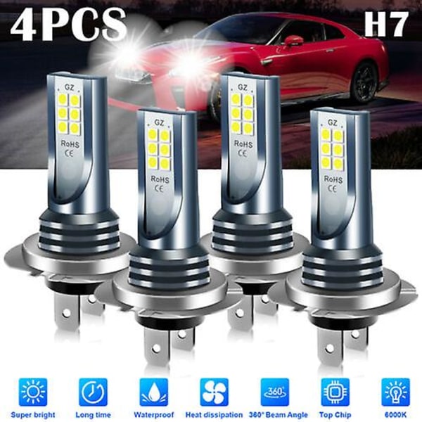 4x H7 Led-strålkastarlampor Kit Helljus Halvljus 220w 60000lm Super Bright 6000k Vit