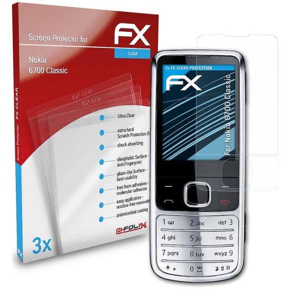 atFoliX 3x skyddsfolie kompatibel med Nokia 6700 Classic Displayskyddsfolie klar