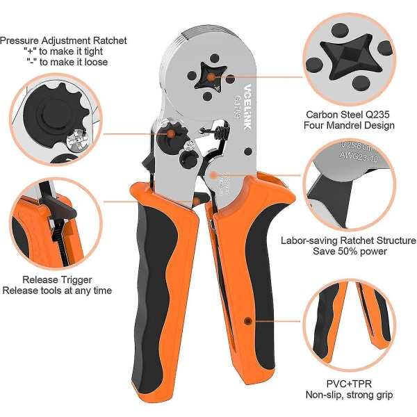 Självjusterande elektrisk terminalpresstång, 0,25 mm till 6 mm/awg23-10 Spärrtrådspressning T