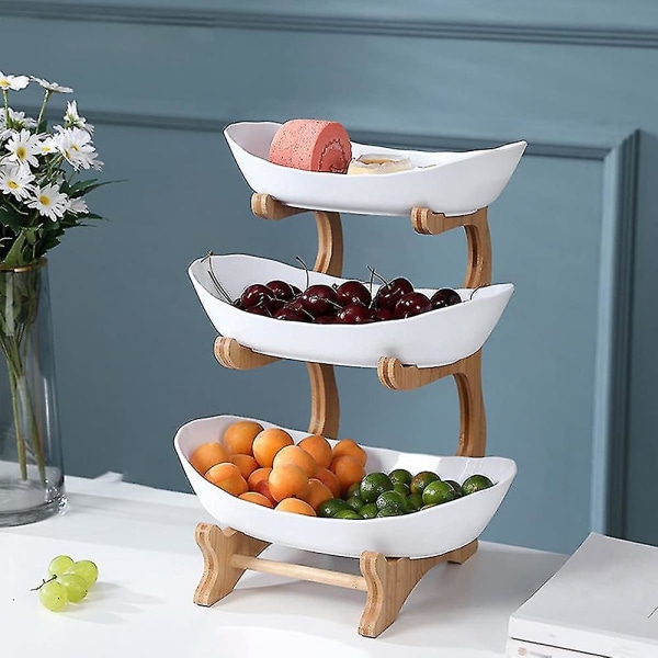 3-vånings fruktkorg, 3-vånings fruktställ i keramik med stativ i naturligt bambu för frukt, kakor, godis 35*15 cm (vit)