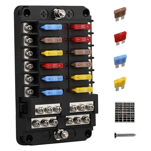 12v 12-vejs sikringsblok sikringspanel med jord og 12 volt sikringsboks til bil, bil, båd, Rv Rzr