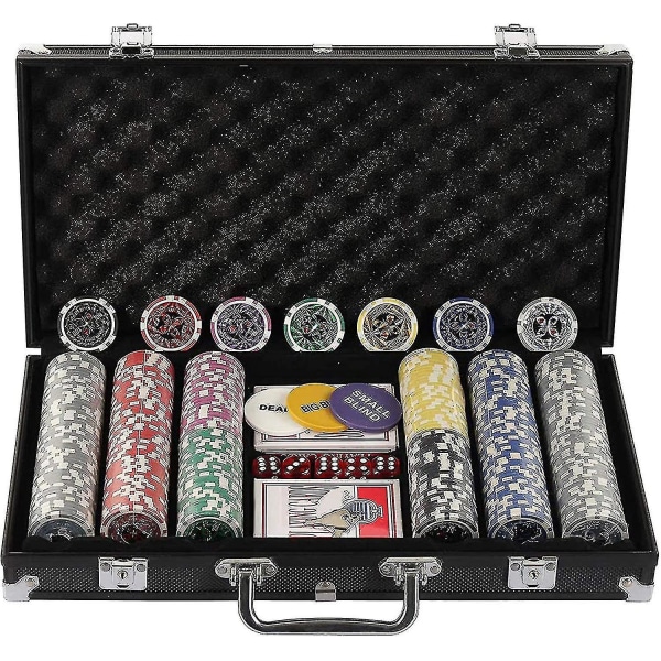 300 bitar Texas Holdem pokermarker Set med case , 2 kortlekar, dealer, Small Blind, Big Blind-knappar och 5 tärningar (300 bitars marker)