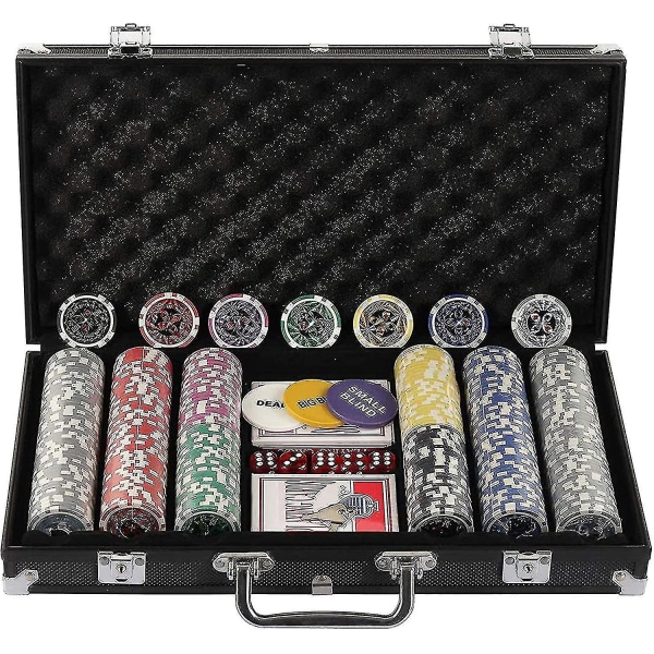 300-delad Texas Holdem Poker Chips Set med aluminiumfodral, 2 kortlekar, dealerknapp, small blind, big blind-knappar och 5 tärningar (300-delad chips)