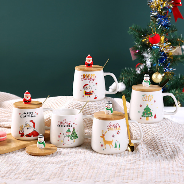 Kreativ Julekopp i Keramikk med Lopp og Skje, Tegneserie Julenissen Gavekopp Gavesett santa claus gift box 301-400ml