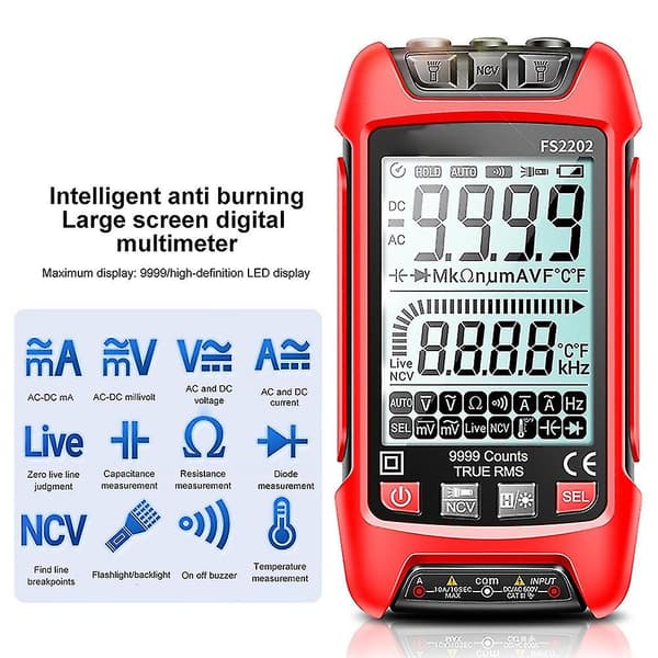 Fs2202 Auto Range Digitalt Multimeter 9999 Teller Trms Ac Dc Voltmeter Amp Ncv Motstand Kapasitans
