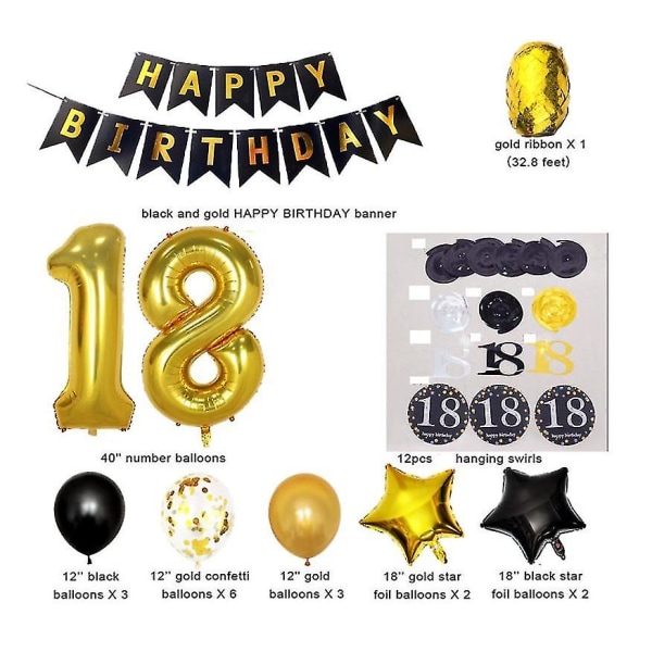 Black Friday 18-årsdagsdekorasjoner Festrekvisita Gold Number Balloon 18 Happy Birthday Banner Lateksballonger (svarte, gylne) konfettiballonger (18)