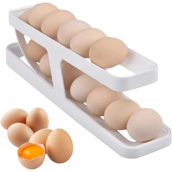 Æggeholder til køleskab, automatisk rullende ægopbevaringsbeholder, 2-lags rullende ægdispenser