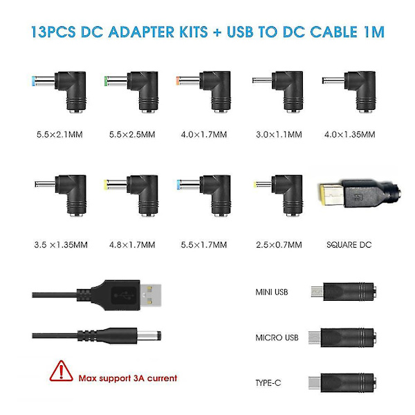 USB-DC-virtakaapeli, universaali USB-DC-liitäntäjohto latauskaapeli virtajohto 13 vaihdettavalla liittimellä
