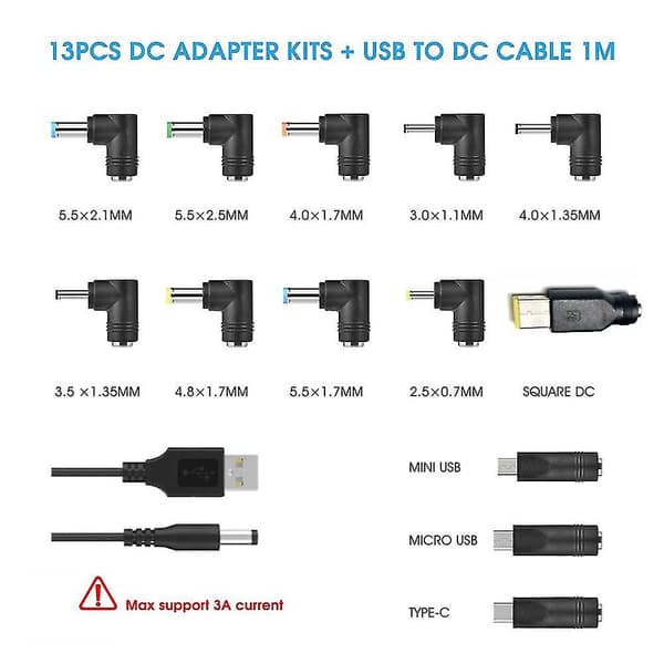 USB til DC Strømkabel Universal USB til DC Jack Opladningskabel Strømkabel med 13 Udskiftelige Stik