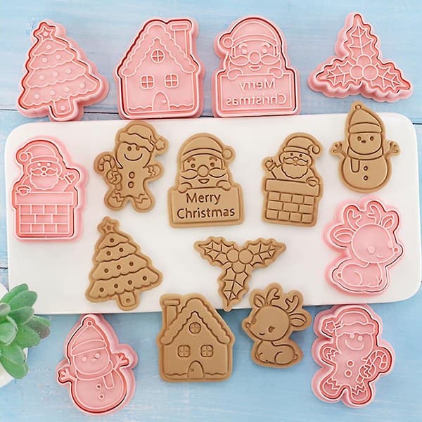 8 st DIY julformade kakformar i plast 3d pressbara kexformar