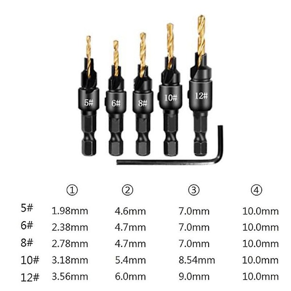 10 st Fassformade Korkstansar Chamfer Cutter Borrbitar Countersunk Bit Borr 1/4 tum Hexagonnyckel