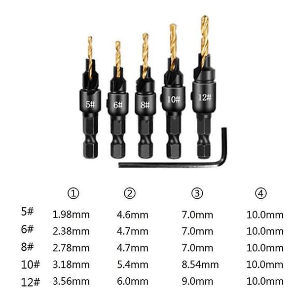 10 stk. Tøndeformet Korkstans Chamfer Cutter Bor Bits Forsænket Bor 1/4 Tommer Hexagon Nøgle