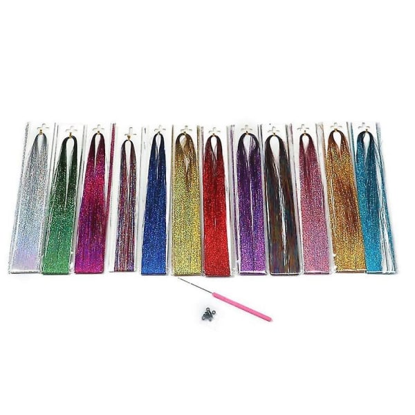 Hårglittertråder med verktøy 12 farger Hårglittertråder sett, Hårextensjoner Glitter Skinnende Sil