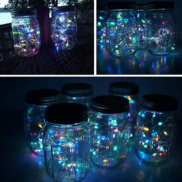 6 stk solcellelykter til syltetøyglass, 20 LED fargerike fe-lyskjeder utendørs vanntette fe-lyskjeder lokksett for hagegårdsfest bryllup jul