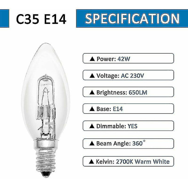 E14 Glødelampe 60w 230v, E14 Flammepære, Dæmpbar Varm Hvid 2700k, 650lm, C35 Klar Pære, Kompatibel Lysekrone, Bordlampe, Pakke Med 6