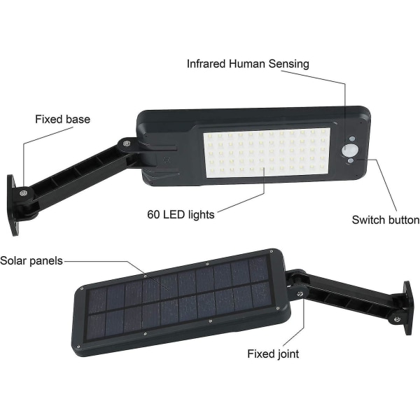 Udendørs solcellelamper, 60 LED gade- og gårdlamper, fjernbetjening LED væglampe, trådløse solcelle sikkerhedslamper