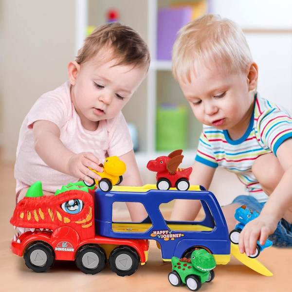 Toddler för 1 2 3 4-årig pojke Födelsedagspresenter, 5-i-1 dinosaurietransportvagnar Friktionsdrivna leksaker
