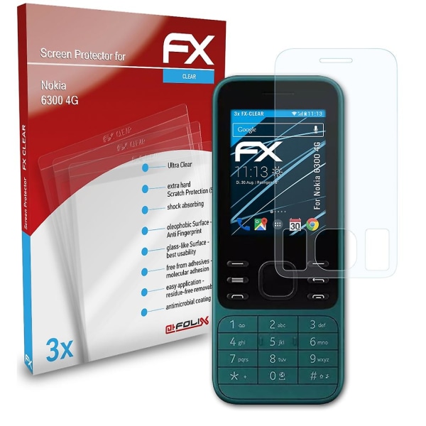 atFoliX 3x beskyttelsesfolie kompatibel med Nokia 6300 4G Displaybeskyttelsesfolie klar