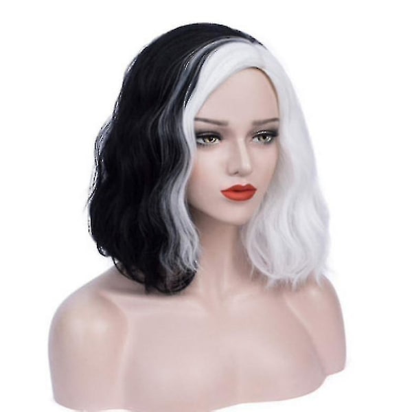 Cosplay peruker Cruella De Vil Halv Svart Och Halv Vit Lockig Peruk