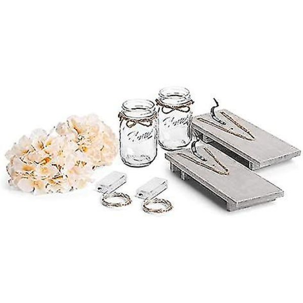 Grå Rustik Mason Jar Sconces För Heminredning, Chic Hängande Dekorativ Burkar Med Led Ljus Streamers, Silkehortensia (beige)