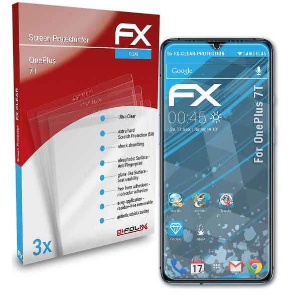 atFoliX 3x beskyttelsesfolie kompatibel med OnePlus 7T Displaybeskyttelsesfolie klar