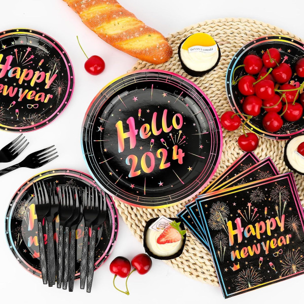 80 kpl Hyvää uudenvuodenaaton lautaset ja lautasliinat, uudenvuodenaaton juhlatarvikkeet 2024, värikkäät onnellisen uudenvuoden lautaset ja lautasliinat ja set