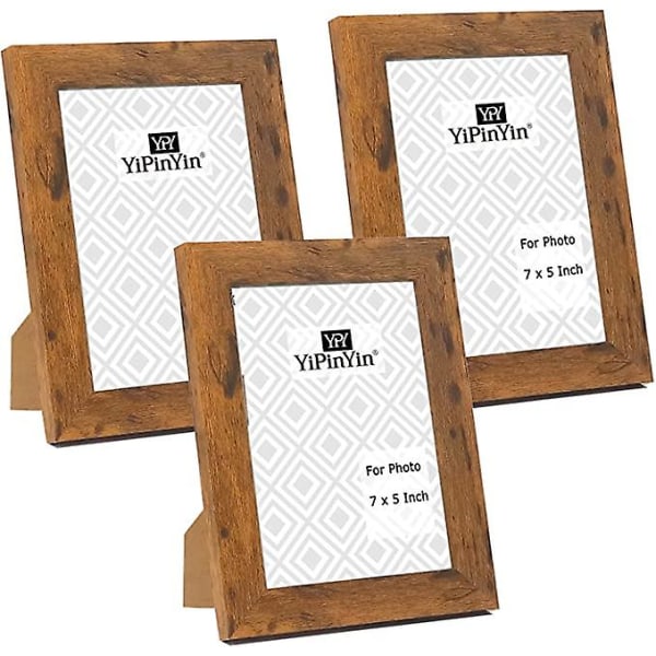 Sæt med 3 rustikke træ billedrammer 5 X 7'' (13 X 18 cm) med glasfront til bord eller væg 7x5'' billedrammer