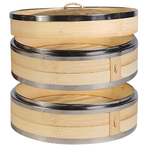 2-etagers bambusdamper med dobbelt rustfrit stål bånd til asiatisk madlavning af boller og dumplings