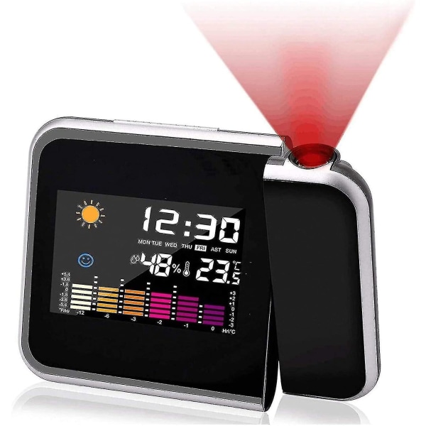 Projektionsväckarklocka, färgskärmskalender, personlig väderstation för sovrum, projektor dimbar klocka Dubbla larm LCD-skärm Datum Tid Tempera