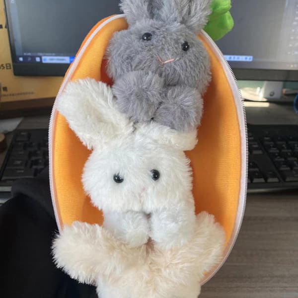 3 söta kaniner i morotsformad påse