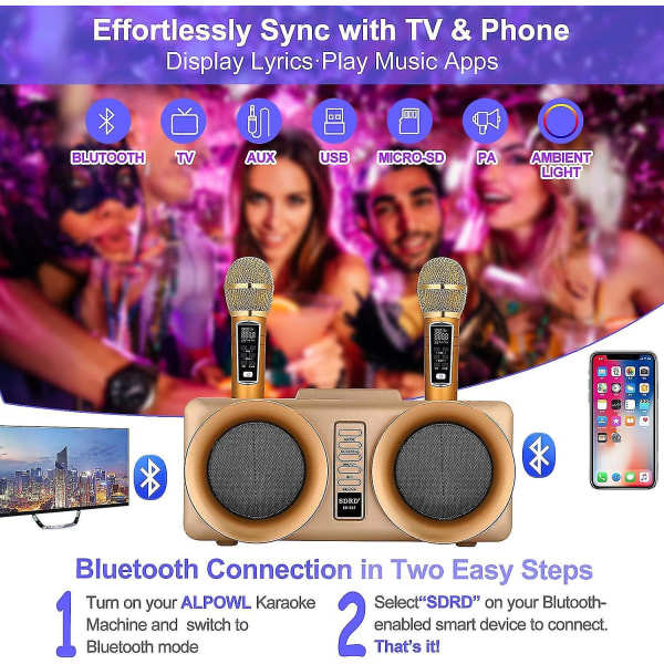 Rebirth Karaoke Machine, Bærbart Bluetooth Pa-system med 2 trådløse mikrofoner, Høyttaler med Mobiltelefonholder/usb/tf-kort/aux-inngang, For Home Pa