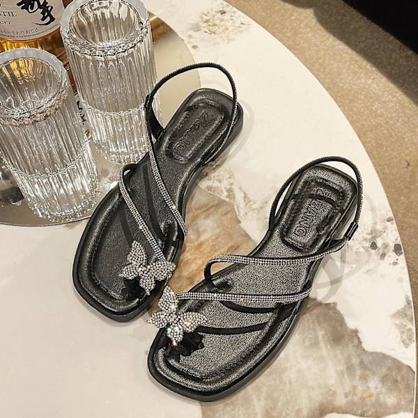 2023 Sommar Nya Fjäril Dekorerade Strass Platta Sandaler black 40