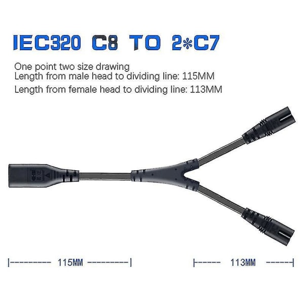 Iec320 C8 til 2x C7 Y delt vekselstrømledning, 1 inn 2 ut vekselstrømskabel