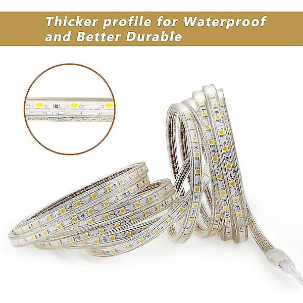 3m LED-stripe, Meget Lyssterk 220V LED-stripe Med Bryter, 5050 IP65 Vanntett, Varmt Hvit