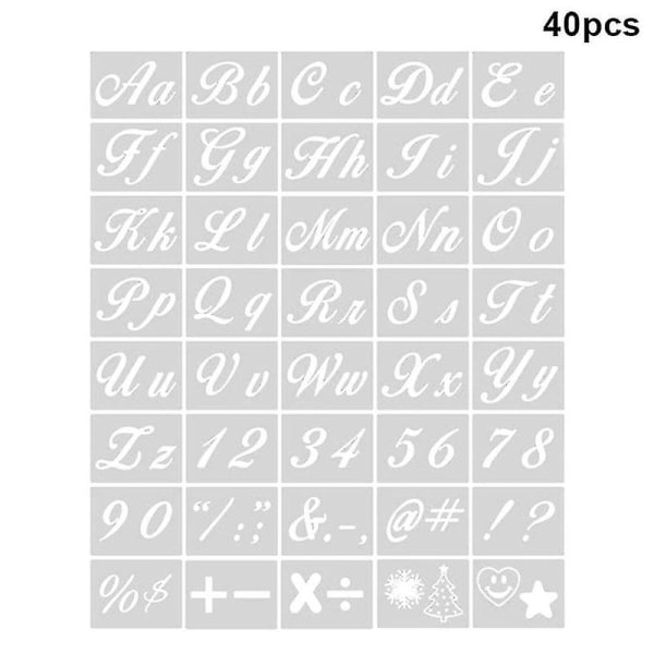 40 stk Gjenbrukbare kunsthåndverkssjablonger i plast med kalligrafiskrift for store og små bokstaver