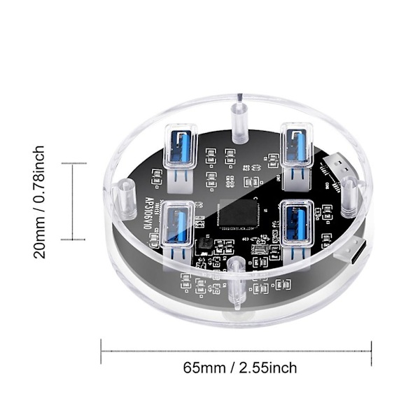 4-porttinen USB-keskitin, USB 3.0, läpinäkyvä virtalaturi, 5 Gbps, kannettava USB-jakaja