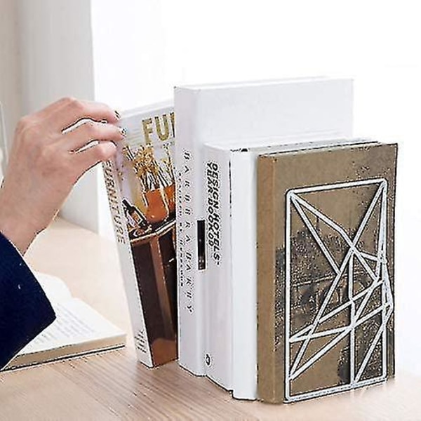 Bogender, bogstøtter hvide, dekorative metal bogender støtter til hylder, unikt geometrisk design (1 par/2 stykker)