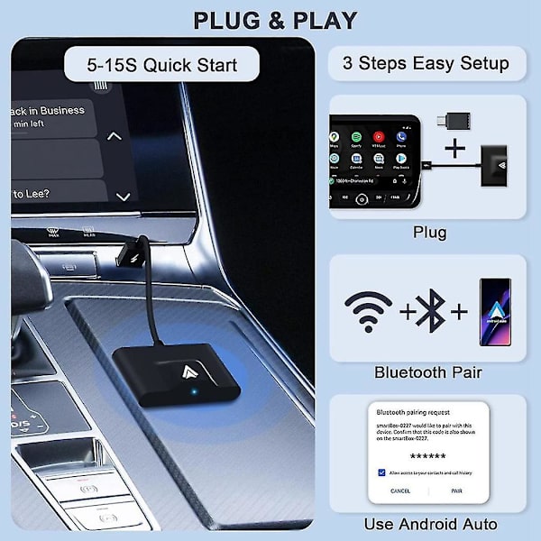 Langaton Android Auto -sovitin johdolliselle Android Auto -liitäntää varten Autoon Plug & Play Helppo asennus Aa Langaton Android